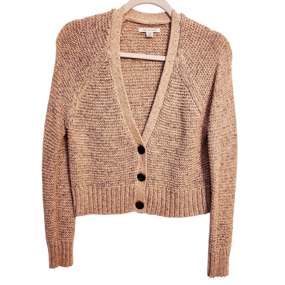 American Eagle | Women's Cropped Pink Cardigan Button-Down Sweater (Size Small)